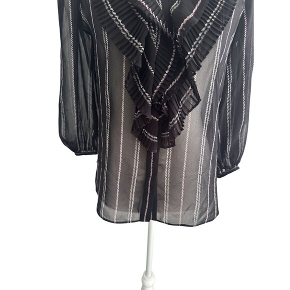 WHITE HOUSE BLACK MARKET WHBM Black White Striped Sheer Ruffle Blouse Size S - Picture 5 of 9